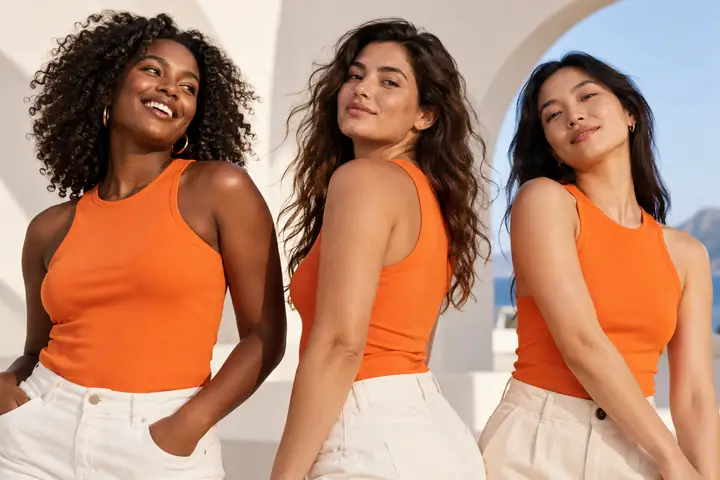 Três modelos diversos usando uma blusa laranja sem mangas em uma campanha de moda refinada