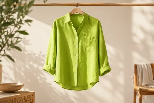 Camisa verde-limão pendurada contra um fundo creme suavemente iluminado
