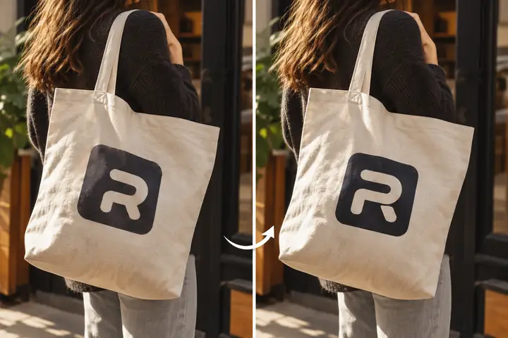 Ilustração de uma análise de imagem de produto com um logotipo em uma bolsa texturizada, não uma correção verificada