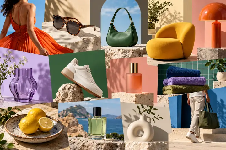 Colagem editorial de produtos coloridos de moda e decoração que representa tendências de IA para marketplaces