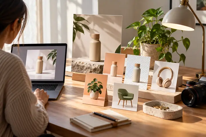 Página de produto de uma loja online com visual limpo, uma luminária de mesa, uma planta e cartões de merchandising organizados