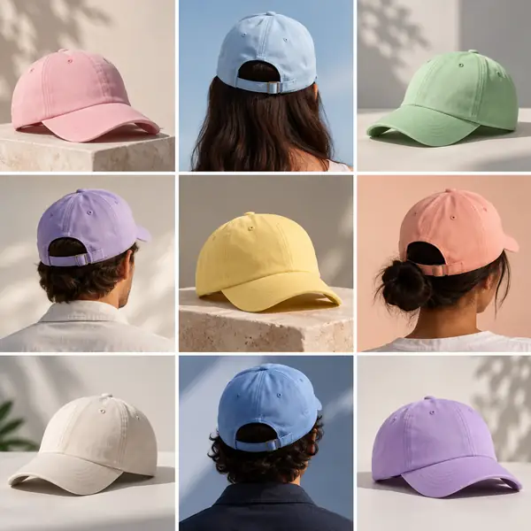 Nove bonés em tons pastéis organizados em uma grade precisa de catálogo de produtos com três linhas e três colunas
