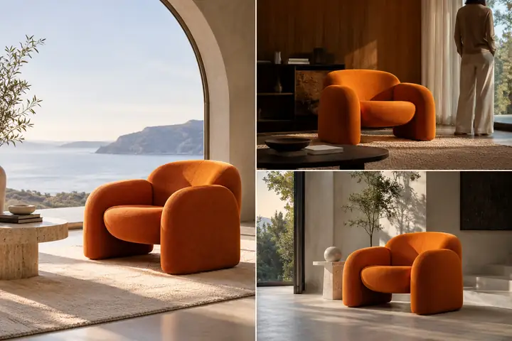 Três cenas de fotografia editorial de produtos com uma poltrona laranja de design escultural