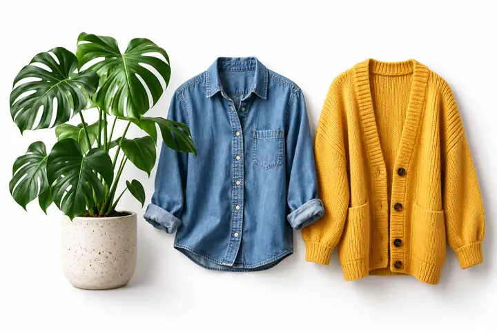 Composição de recortes limpa com uma costela-de-adão em vaso, uma camisa jeans e um cardigã amarelo