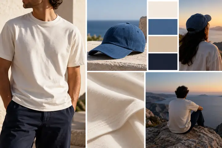 Painel de inspiração de moda de marca com uma camiseta creme, um boné azul, amostras de cores e o retrato de uma modelo